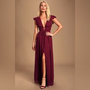 Lulu’s I’m All Yours Burgundy Ruffled Maxi Dress NWT L